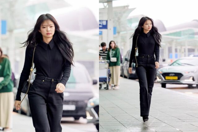 블랙핑크 제니, 스키니한 올블랙 출국전 공항패션 눈길