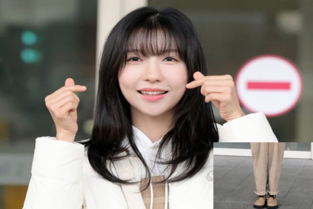 주현영 공항패션, 화이트패딩과 코듀로이 오버롤의 트렌디한 만남