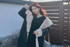 르세라핌 카즈하, 혹한도 끄떡없는 무스탕+미니드레스 조합