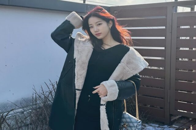 르세라핌 카즈하, 혹한도 끄떡없는 무스탕+미니드레스 조합