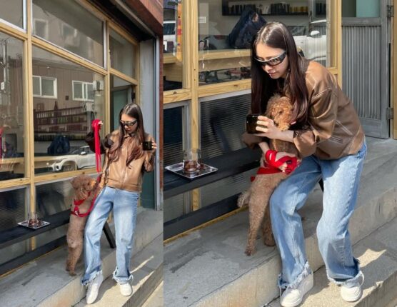 방민아, 반려견 ‘따꿍이’와 봄 산책 중 찰칵!…”새하네스 하고 신나게 산책했지”