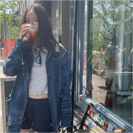 크리스탈 사복 패션 폴로랄프로렌 데님 자켓 & 아디다스 트레이닝복 반바지 코디