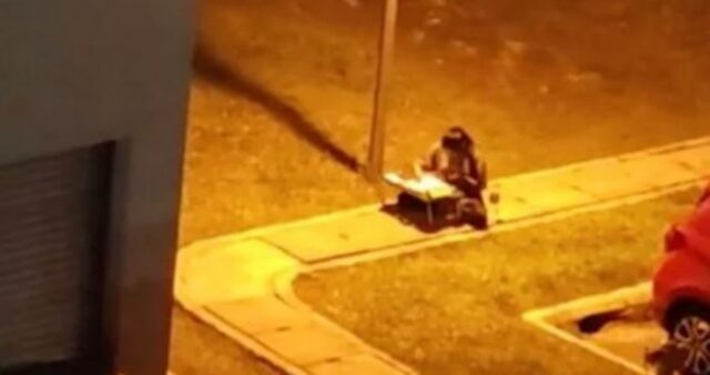 기숙사 룸메 자는데 방해될까 봐 가로등 밑에 책상 펴고 앉아 공부하는 여대생