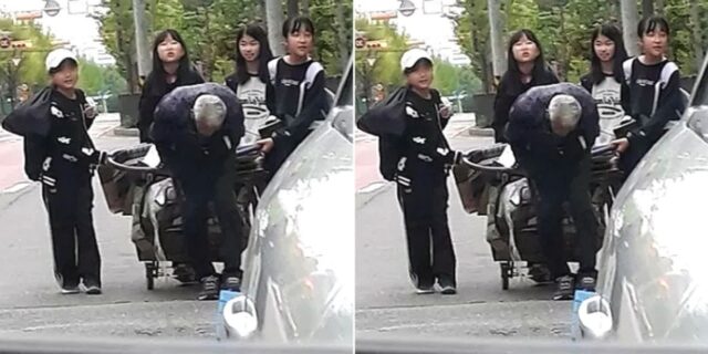 할아버지가 끌던 수레서 ‘폐지’ 쏟아지자 다시 줍고 밀어준 초등학생들 (사진)