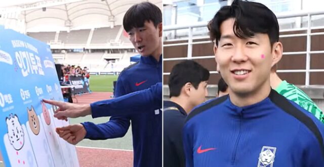 ‘귀여운 캐릭터’에 투표하랬더니 자기 볼에 스티커 붙이고 애교 부리는 손흥민 (영상)