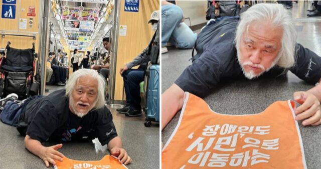 일본 후쿠오카 지하철서 장애인 차별 멈추라며 포체투지 진행한 전장연 대표