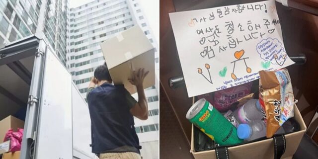 “더운 날씨에 감사합니다”… 택배 기사·청소부 위해 삐뚤빼뚤 손편지+간식 박스 선물한 아파트 입주민