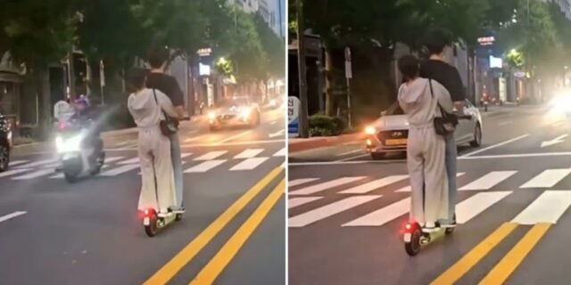 킥보드 타고 6차선 도로 한복판서 역주행한 ‘커플 킥라니’… 헬멧·보호대도 안했다 (영상)