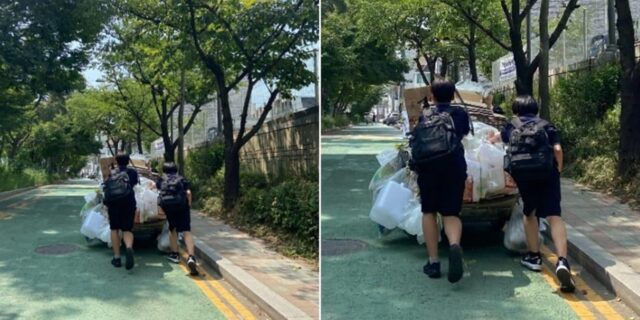 폭염 속 폐지 가득 싣고 오르막길 오르는 할머니… 男 중학생 2명이 달려와 한 행동