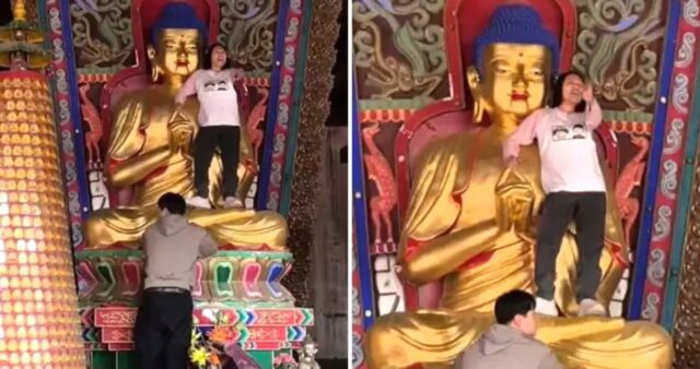 유명 관광지 불상 위에 올라가 ‘살아있는 보살’이라면서 춤춘 도른자 여성 (영상)