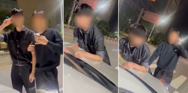 “술 마셨지?”… 차량 가로막고 보닛에 올라탄 젊은 남성들 (영상)