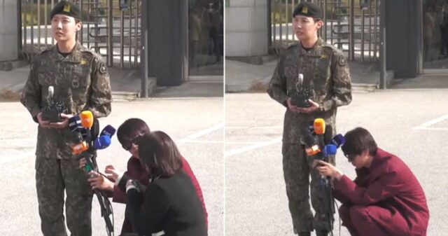 제이홉 전역 축하해 주러 왔다가 무거운 ‘마이크 다발’ 들고 쪼그려 앉은 여성 도운 ‘맏형’ 진