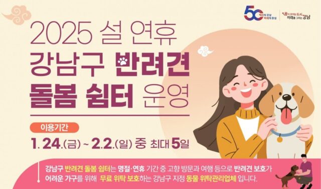 강남구, 설 명절 기간 반려견 돌봄 쉼터 운영…”걱정 말고 다녀오개!”