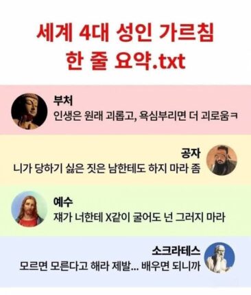 세계 4대 성인의 가르침 한 줄 요약
