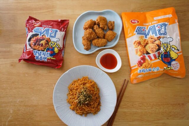 편의점 신상라면 하림 맥시칸 양념치킨 볶음면 꿀조합 에어프라이어 순살 치킨