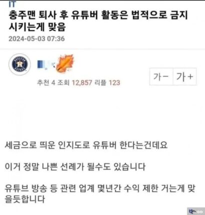 충주맨 퇴사 후 유튜버 활동 막아야 된다는 사람.jpg