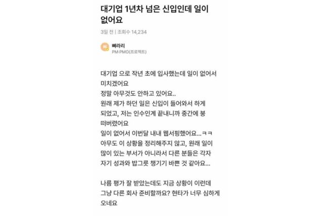 대기업 1년 차 신입인데 일이 없어요