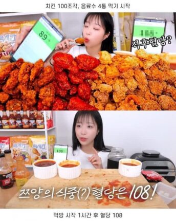 치킨 100조각 + 음료수 4통 먹고 나서 쯔양 혈당