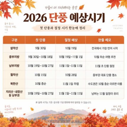 2026 단풍 예상시기, 설악산은 10월 19일 절정 전망?